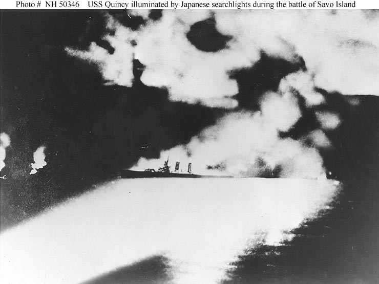 USS Quincy Illuminated by Japanese searchlights at Battle of Savo Island